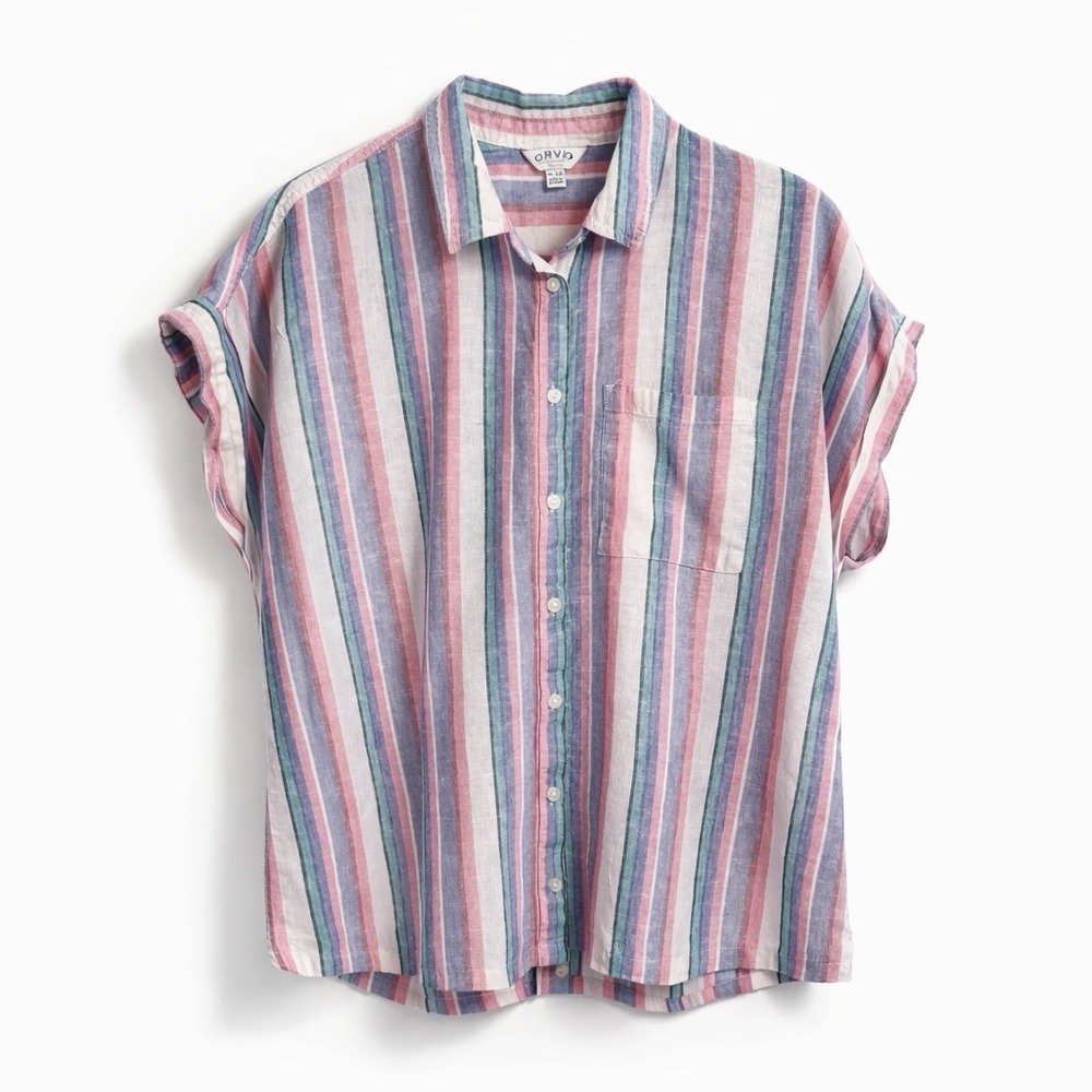 Orvis Linen Blend Stripe Shirt Womens XL Pink Blue Coastal Button Up Top